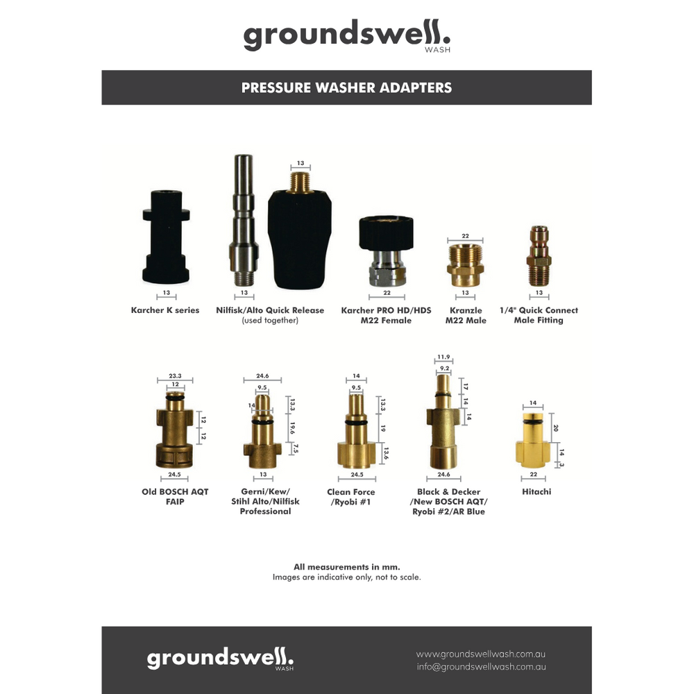 Groundswell Pressure Washer Adapters for 4WD cleaning, connecting washers to multiple brands and models